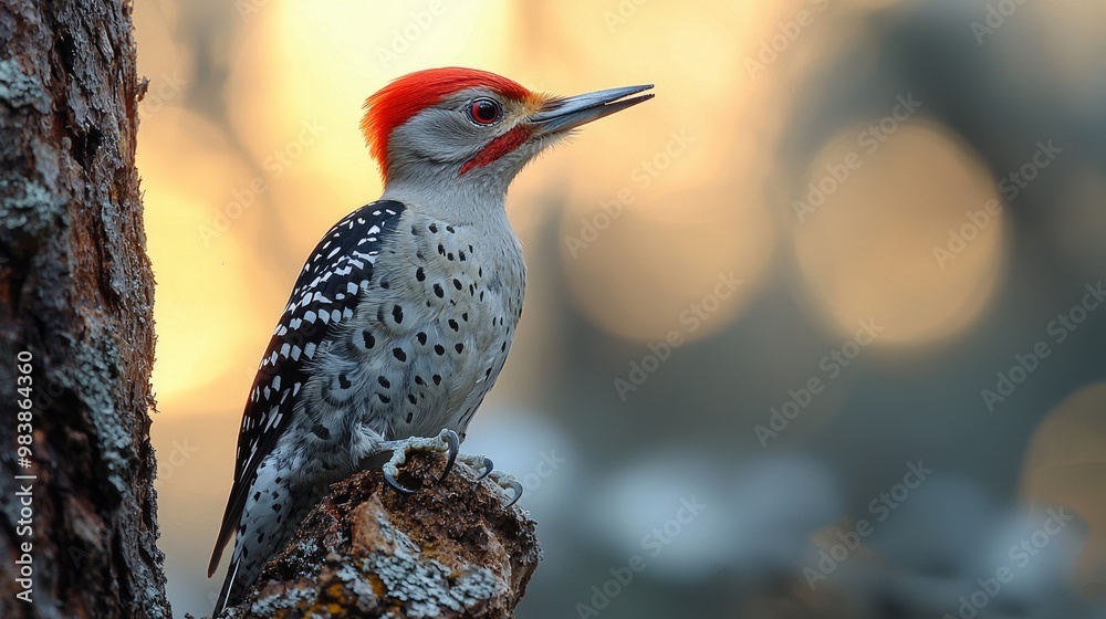 Striking Northern Flicker Woodpecker with Distinctive Markings Pecking Tree Trunk in Vivid Close-up Shot Striking Northern Flicker Woodpecker with Distinctive Markings Pecking Tree Trunk in Vivid Close-up Shot