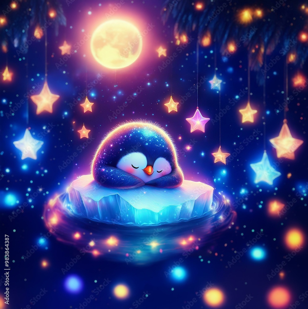 Naklejka premium A sleeping penguin rests on a blue iceberg, surrounded by a glowing, starry night sky.