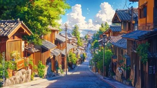 Traditional Japanese Street with Wooden Buildings and a View of Mountains