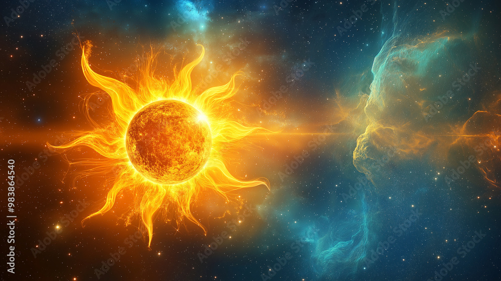 Sun and Stars Alignment, an artistic constellation and sun combination representing both day and night, with copy space, The September Equinox Sun and Stars Alignment, an artistic constellation and sun combination representing both day and night, with copy space, The September Equinox