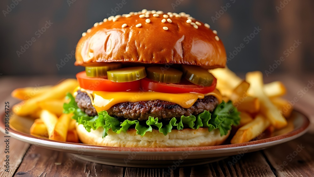 A classic burger served with golden fries, featuring a juicy beef patty, fresh lettuce, tomato, and cheese on a toasted bun. This iconic fast food meal is a delicious and satisfying. A classic burger served with golden fries, featuring a juicy beef patty, fresh lettuce, tomato, and cheese on a toasted bun. This iconic fast food meal is a delicious and satisfying.