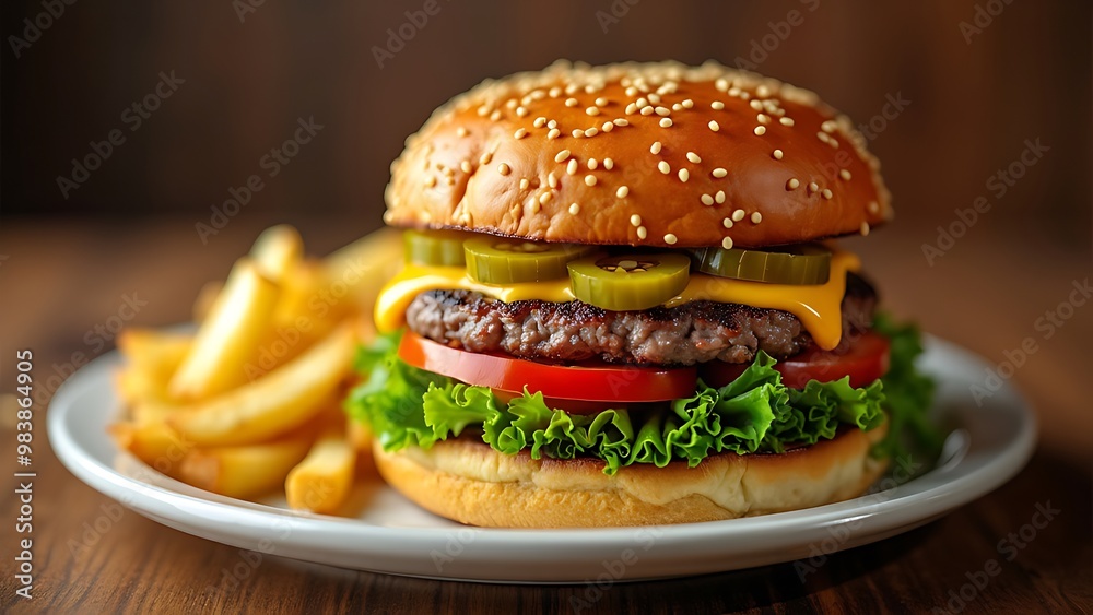 A classic burger served with golden fries, featuring a juicy beef patty, fresh lettuce, tomato, and cheese on a toasted bun. This iconic fast food meal is a delicious and satisfying. A classic burger served with golden fries, featuring a juicy beef patty, fresh lettuce, tomato, and cheese on a toasted bun. This iconic fast food meal is a delicious and satisfying.