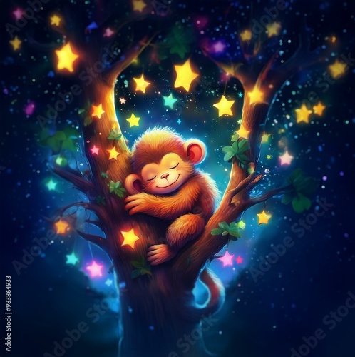 A furry monkey sleeps soundly nestled in the branches of a glowing tree.