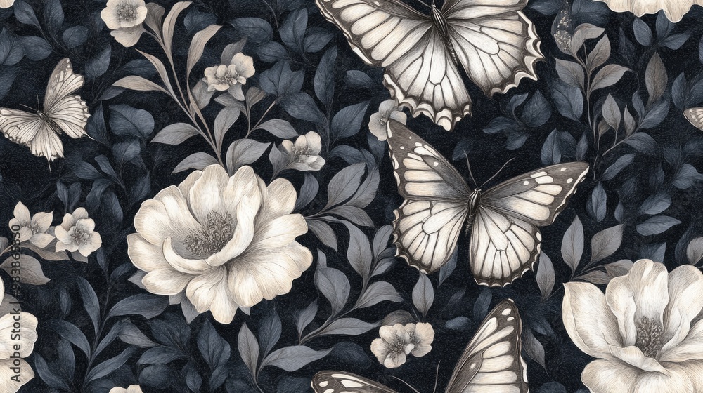 Fototapeta premium Beautiful butterflies soaring through a floral jungle design ideal for book pages Fantasy inspired illustration in black gray and white hues Seamless colorful pattern