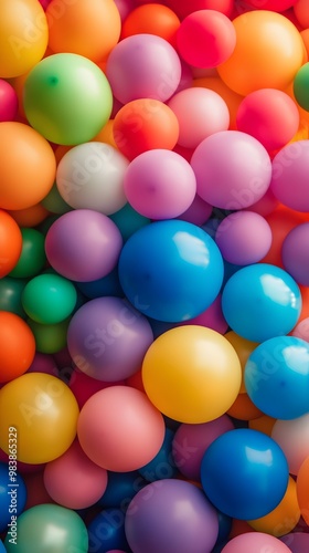 Colorful rainbow of balloons in the background, with vibrant colors.