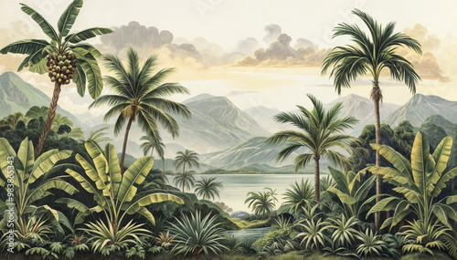 Tropical Mural, Tropical Landscape Wall Design, Watercolor Background