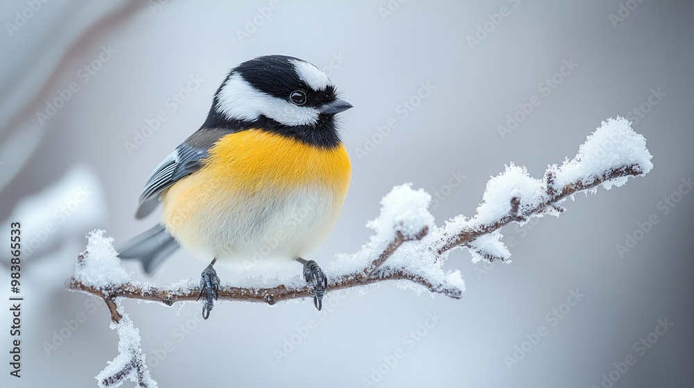 Curious Black-Capped Chickadee Perched on Snowy Branch - Detailed Portrait of Fluffy Feathers Curious Black-Capped Chickadee Perched on Snowy Branch - Detailed Portrait of Fluffy Feathers