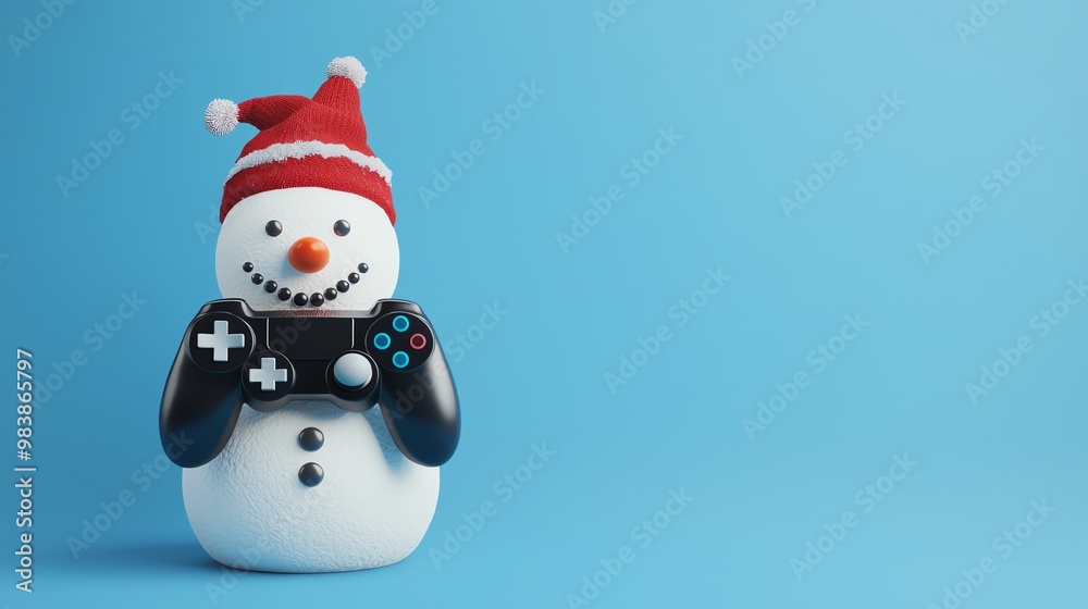 A cheerful snowman wearing a festive hat, holding a video game controller, perfect for holiday gaming themes. A cheerful snowman wearing a festive hat, holding a video game controller, perfect for holiday gaming themes.
