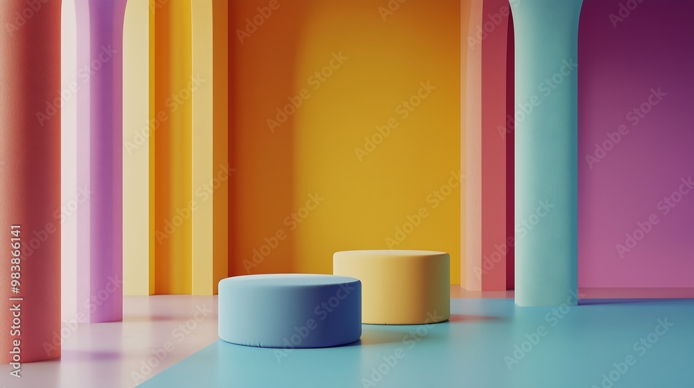 Colorful space with round seating, vibrant columns, and playful atmosphere, ai generated. Colorful space with round seating, vibrant columns, and playful atmosphere, ai generated.
