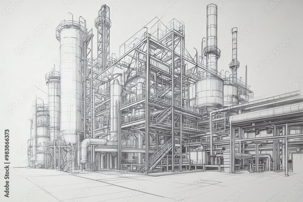 Detailed industrial facility sketch showcasing complex machinery, pipes, and structures. Industrial design art, engineering blueprint style. Detailed industrial facility sketch showcasing complex machinery, pipes, and structures. Industrial design art, engineering blueprint style.