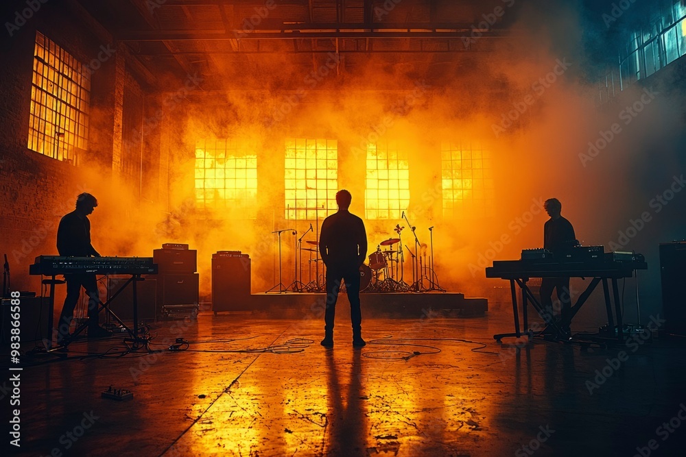 Fototapeta premium Silhouetted Band Performing in a Smoky, Orange-Lit Warehouse