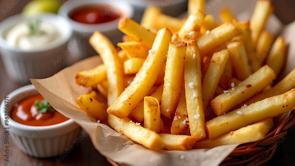 A serving of crispy golden French fries paired with various dipping sauces, offering a delicious and versatile snack. Perfect for fast food, casual dining, or snack-themed visuals. A serving of crispy golden French fries paired with various dipping sauces, offering a delicious and versatile snack. Perfect for fast food, casual dining, or snack-themed visuals.