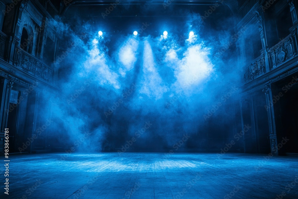 Naklejka premium Empty Stage with Fog and Spotlights in a Dark Theatrical Setting