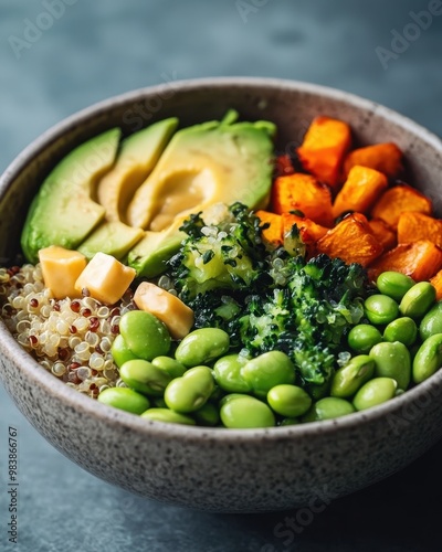 A nutritious bowl featuring quinoa, avocado, roasted sweet potatoes, and green vegetables.