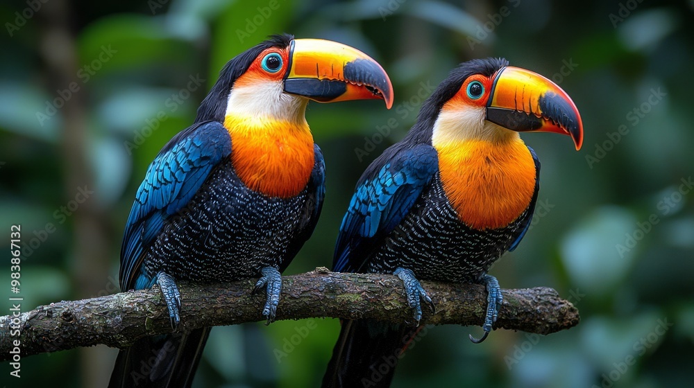Fototapeta premium Vibrant Close-Up of Exotic Toucan on Branch with Colorful Beak and Detailed Feathers