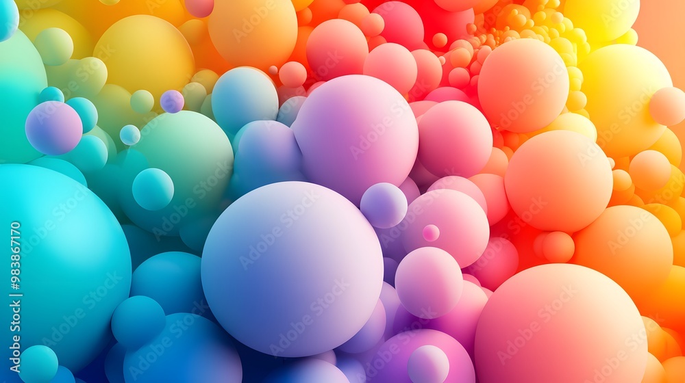 Colorful rainbow of balloons in the background, with vibrant colors.