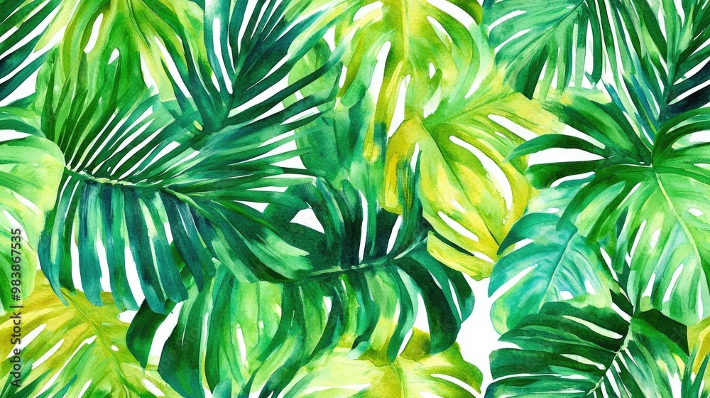Tropical Jungle Summer Seamless Pattern with Exotic Palm Leaves Endless Repeat Design Abstract Watercolor Texture for Textile Printing