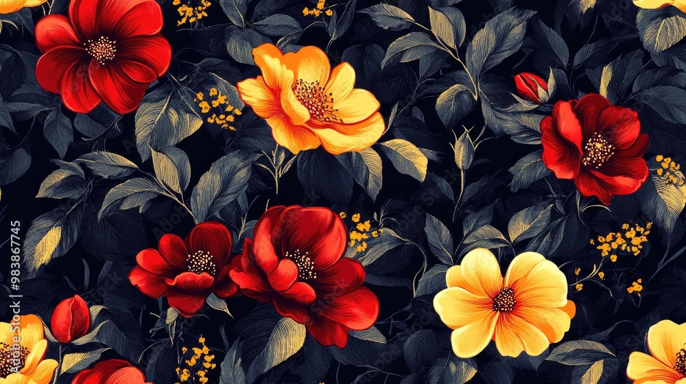 custom made wallpaper toronto digitalSeamless Floral Pattern in Raster Illustration Elegant fabric design featuring red black and yellow hues