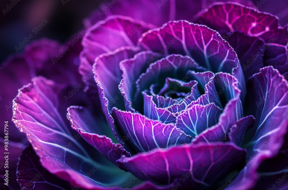 Obraz premium close-up shot of an ornamental cabbage with vibrant purple leaves and intricate patterns 