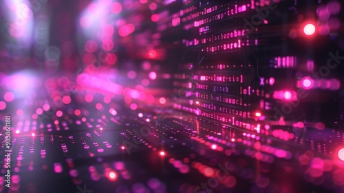 Abstract digital code with bright pink lights and blurred bokeh. Technology and data visualization concept.