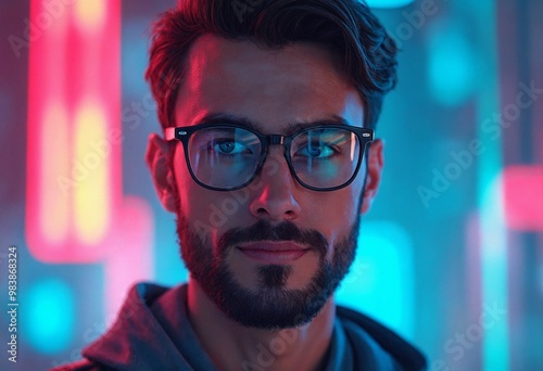 Portrait of a Man in Glasses Surrounded by Colorful Geometric Elements and Reflections