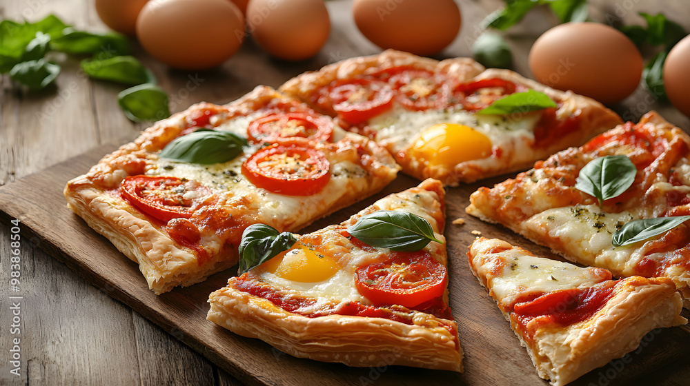Isolated red-sauce pizza with mozzarella cheese, tomato, and ham on a white plate Isolated red-sauce pizza with mozzarella cheese, tomato, and ham on a white plate