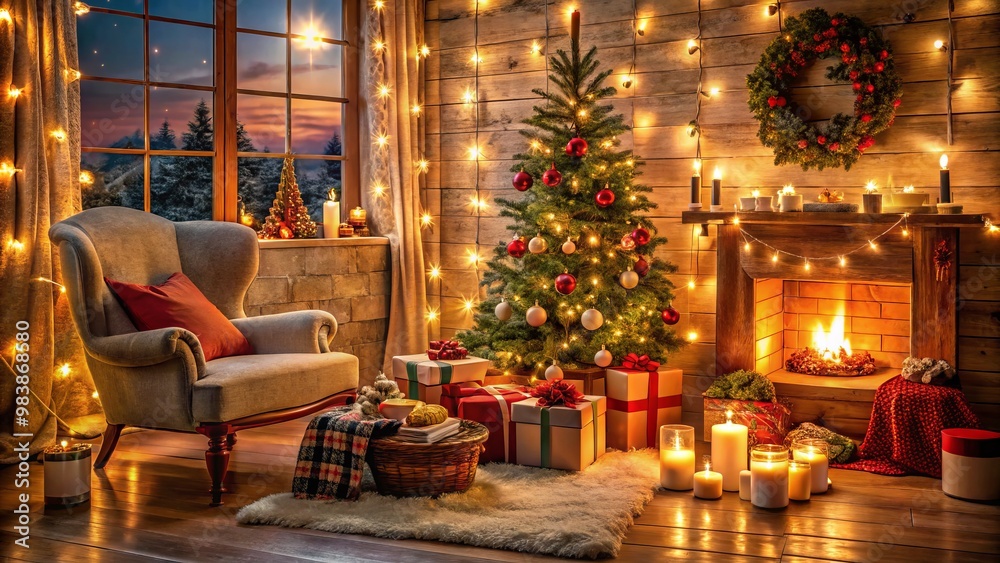 Obraz premium Softly glowing candles nestled among evergreen boughs and velvet swags of crimson and gold, warm the winter