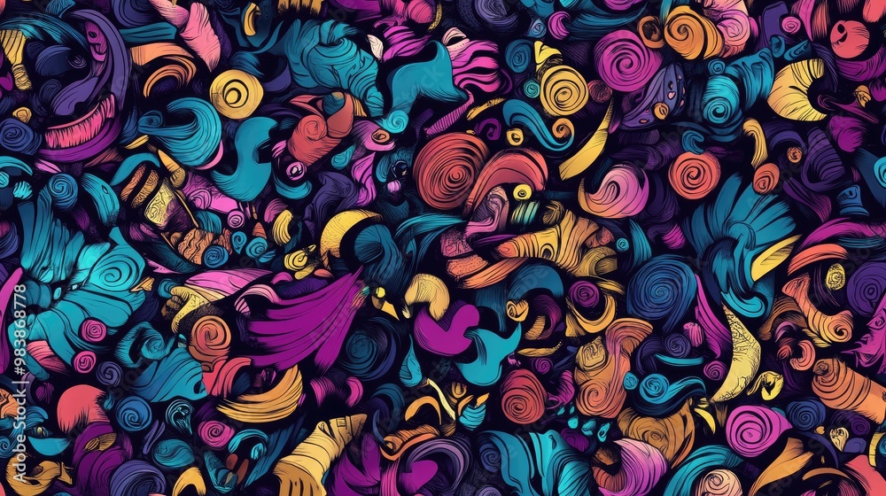 Radial gradient shape with cartoon hand drawn doodles Seamless pattern featuring colorful details and numerous objects in a raster background Radial gradient shape with cartoon hand drawn doodles Seamless pattern featuring colorful details and numerous objects in a raster background