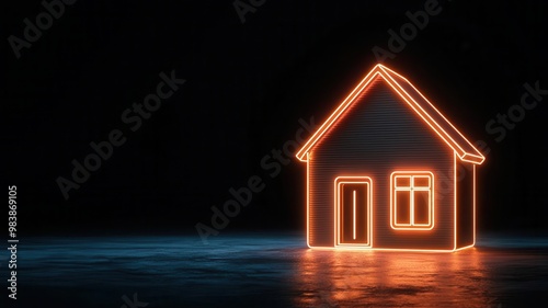 Neon house financial dashboard, with glowing line graphs and bar charts representing mortgage trends, home value, and loan repayments against a futuristic grid background, 3D illustration