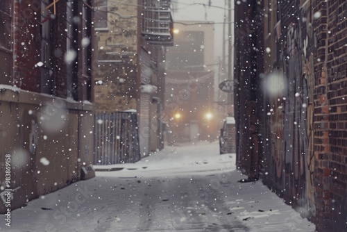 Snowfall in an alleyway between brick buildings in the city. Urban winter scene with falling snow.