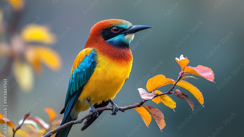 Obraz premium Majestic European Bee-Eater showcasing vibrant feathers and distinctive beak perched on a branch in close-up shot