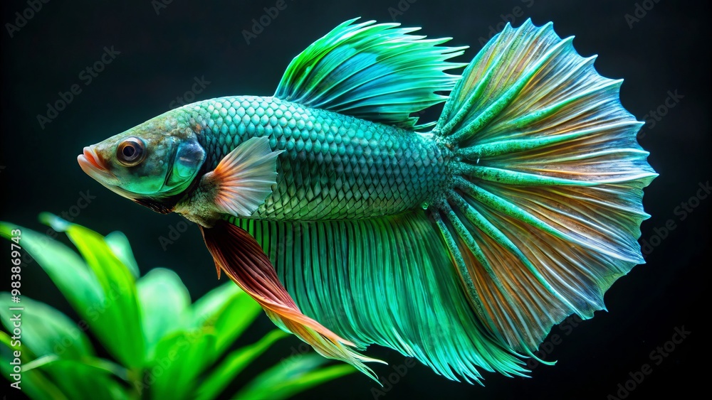 Strikingly vibrant green Siamese fighting fish adorn the aquarium, their flowing fins rippling the water's surface like Strikingly vibrant green Siamese fighting fish adorn the aquarium, their flowing fins rippling the water's surface like