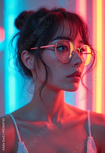 Portrait of a Woman in Glasses Surrounded by Colorful Geometric Elements and Reflections