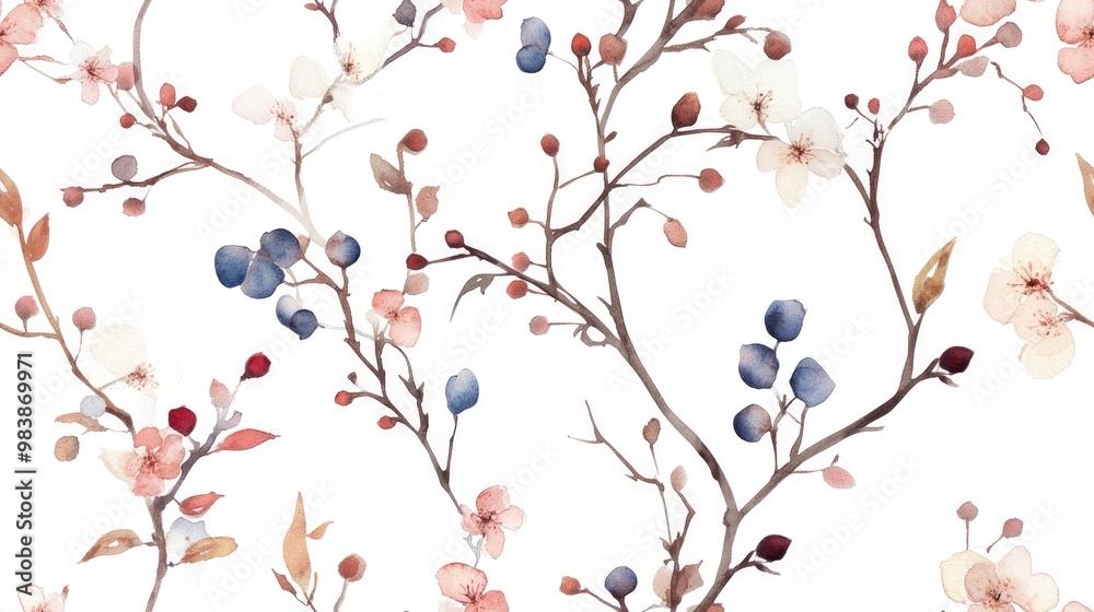 Seamless background pattern featuring twigs and flowers Watercolor hand drawn illustration Seamless background pattern featuring twigs and flowers Watercolor hand drawn illustration