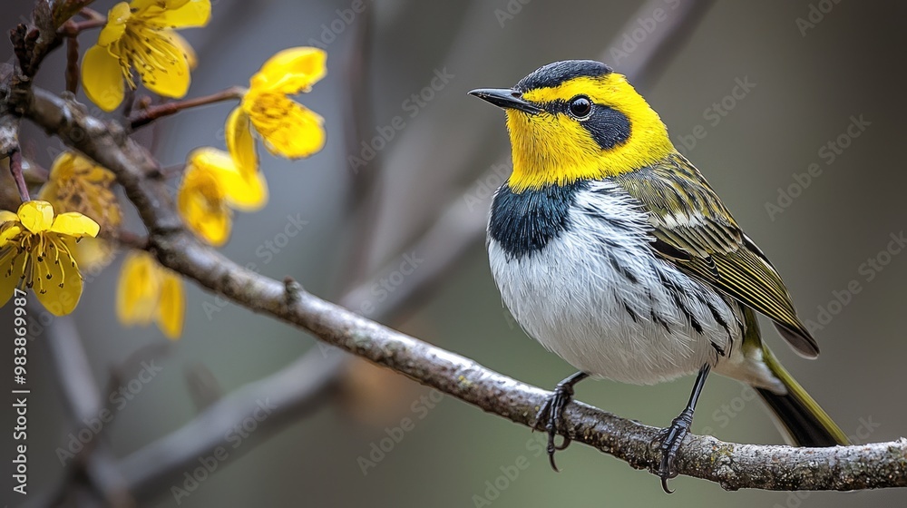 Fototapeta premium Enchanting Black-Throated Green Warbler showcasing Vibrant Plumage and Curious Expression on Branch