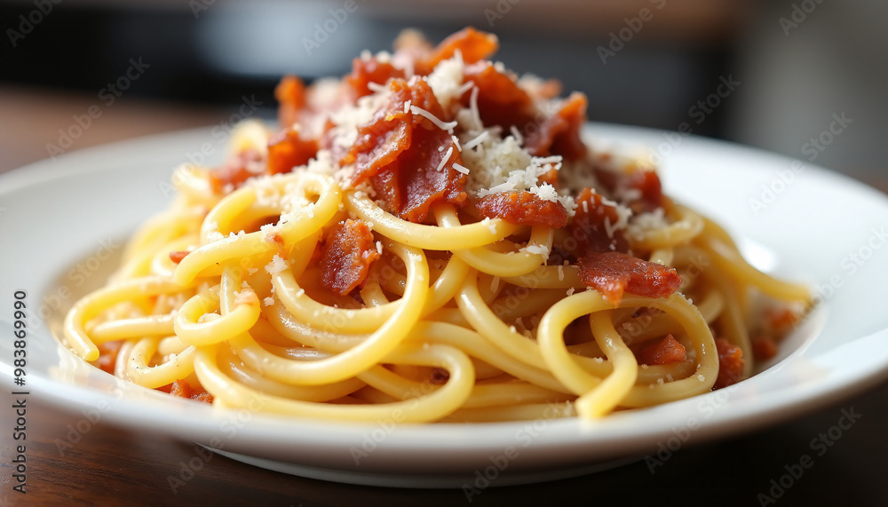 Angled shot of a plate of spaghetti carbonara, topped with crispy pancetta and Parmesan cheese. Angled shot of a plate of spaghetti carbonara, topped with crispy pancetta and Parmesan cheese.