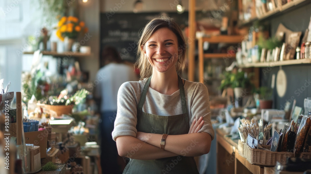 Cheerful small business owner working with customers, the shop filled with a friendly atmosphere and creative displays Cheerful small business owner working with customers, the shop filled with a friendly atmosphere and creative displays
