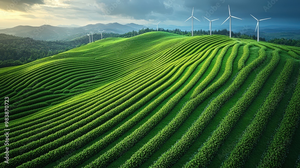Fototapeta premium Wind Turbines on Green Hillside with Rows of Crops