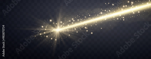 Gold horizontal laser beam. Neon line, presentation pointer. Gold glow flare light effect. Vector illustration. Isolated on dark transparent background.