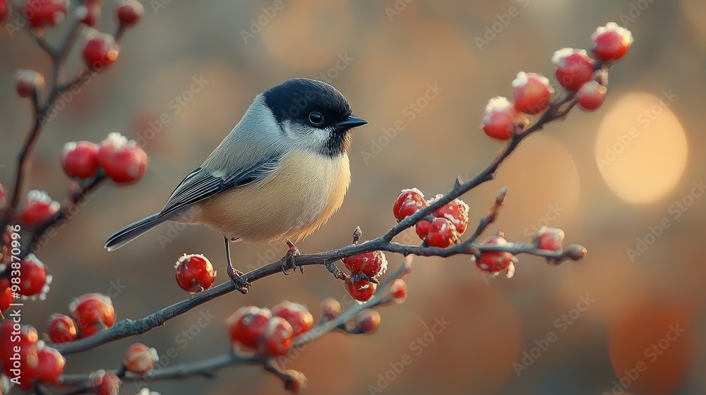 Obraz premium Close-up Portrait of a Willow Tit Perched on Branch with Delicate Features and Vibrant Colors