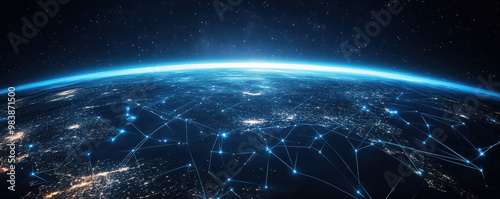 Earth's electronic ecosystem featuring worldwide network activity in web banner