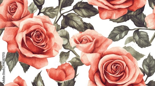 Fototapeta Naklejka Na Ścianę i Meble -  Seamless floral pattern featuring elegant watercolor illustrations of roses