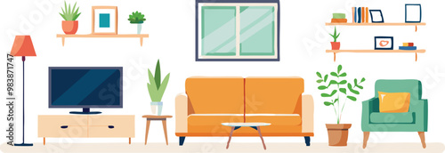 Modern Interior Design with Sofa Set Flat Vector Isolated