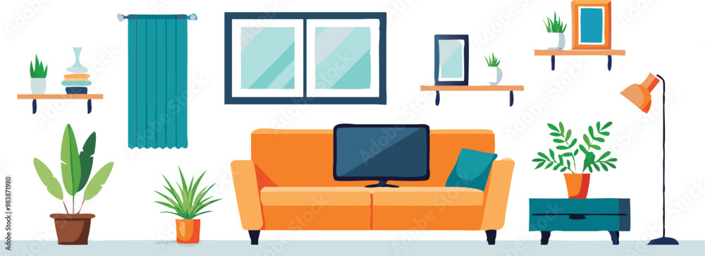 Fototapeta premium Modern Interior Design with Sofa Set Flat Vector Isolated