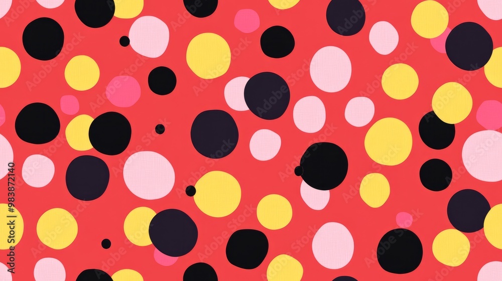 Small vibrant yellow pink black and lilac polka dots on a red background creating a geometric abstract fabric seamless pattern in a modern minimalist style Small vibrant yellow pink black and lilac polka dots on a red background creating a geometric abstract fabric seamless pattern in a modern minimalist style