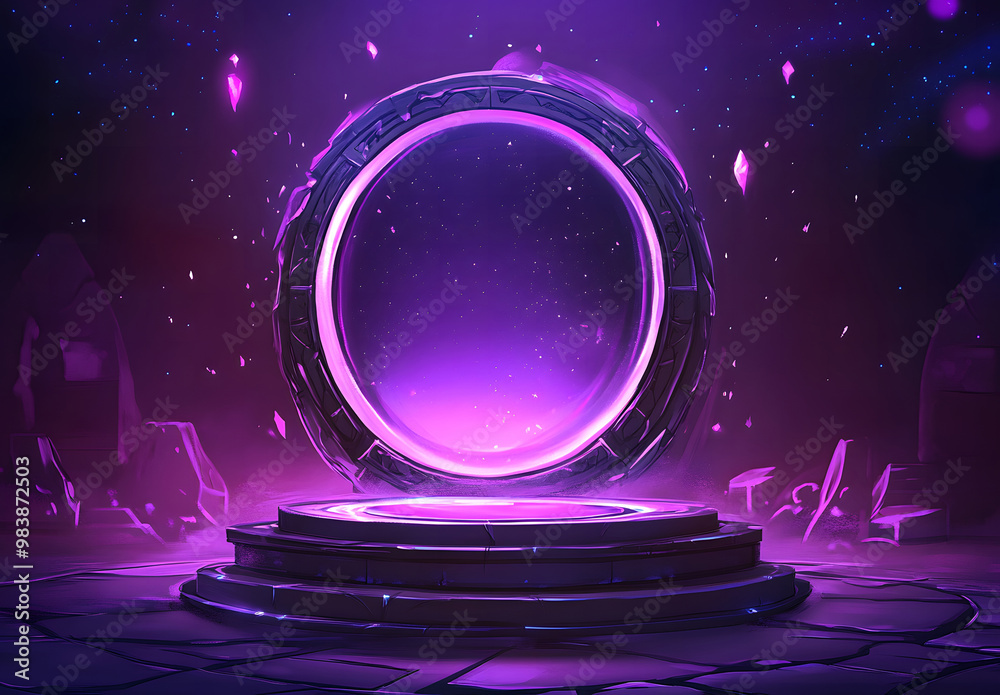 Obraz premium Elegant Neon-Lit Mirror on Stage with Purple Drapes