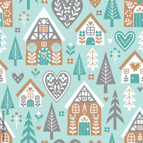 Seamless vector pattern with cute Scandinavian gingerbread houses and trees. Hand drawn Christmas gingerbread village. EPS 10 vector file. Perfect for textile, wallpaper or print design.