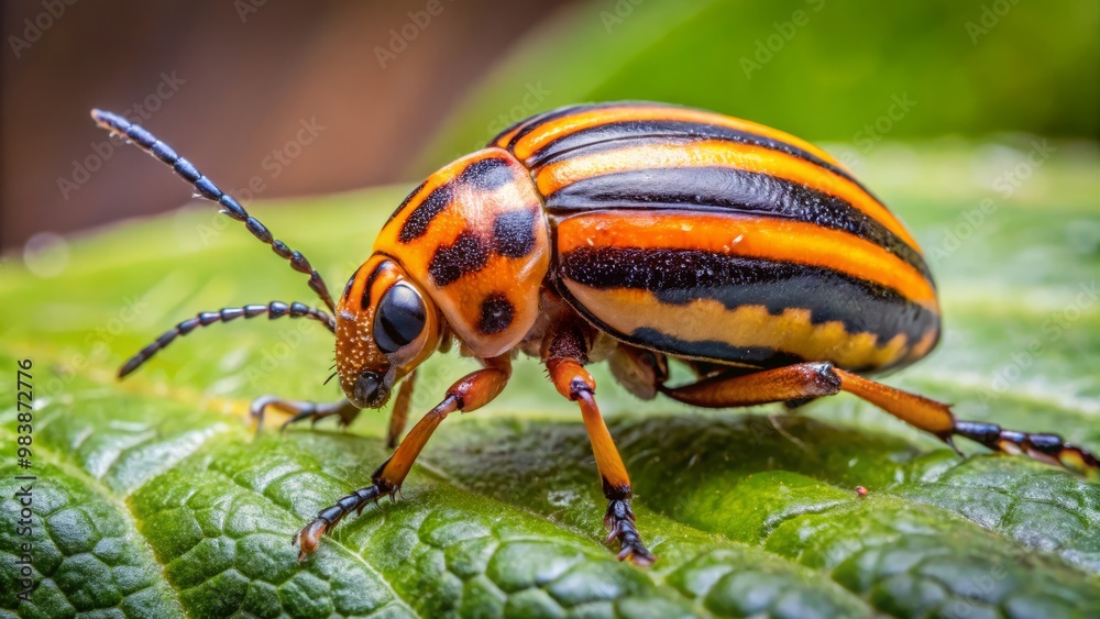 Fototapeta premium The orange and black beetle's striped markings glisten as it crawls slowly up the leaf's surface, its tiny