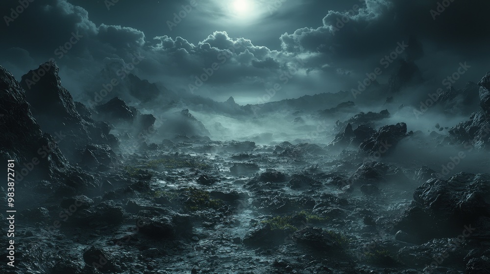 Obraz premium Mystical Moonlit Mountain Landscape with Fog and Rocks