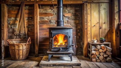 The rustic cast iron stove emits a gentle wispy smoke that curls up from its long flue pipe,
